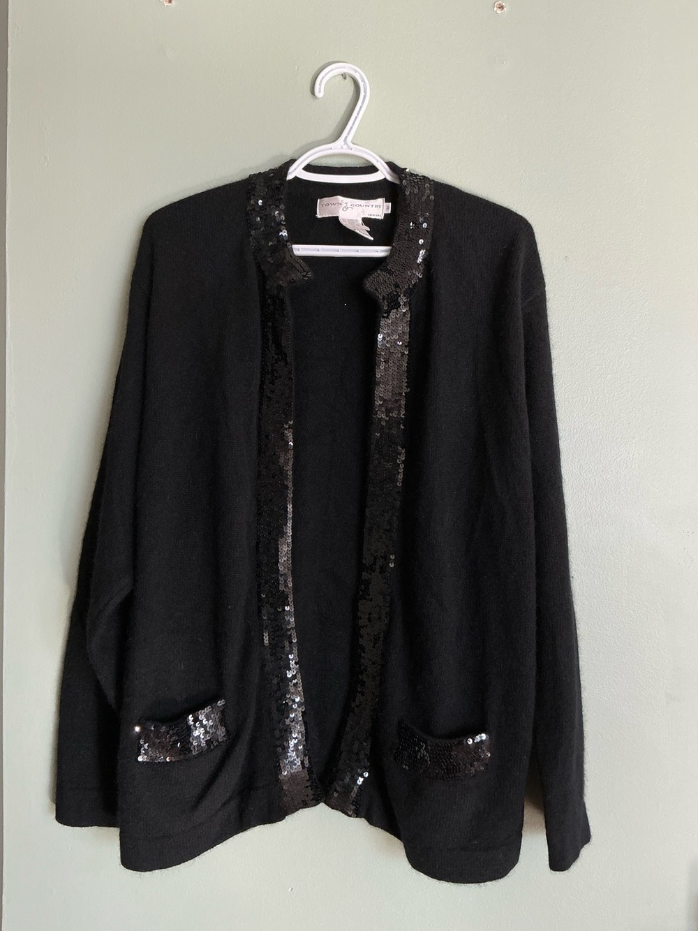 VTG Angora Lambswool Cardigan M Black Sequin Pockets Whimsigoth Luxury Coquette